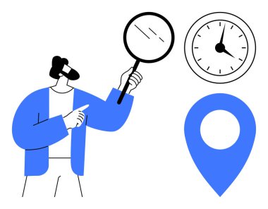 Elinde büyüteç tutan kişi saat ve konum işaretçisini işaret ediyor, keşif, zaman yönetimi, karar verme mekanizması. Araştırma, strateji, navigasyon, verimlilik ve planlama için ideal