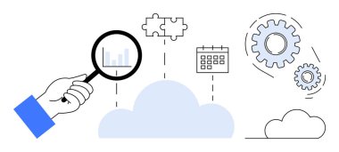 Büyüteç bulut, bulmaca parçası, takvim ve dişlilere bağlı veri tablosuna odaklanır. Teknoloji, bulut hesaplama, veri analizi, planlama, iş akışı ve yenilik için ideal