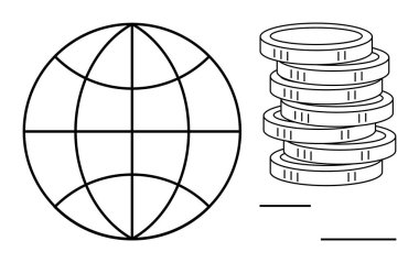 Küresel ticaret, ekonomi ve finansal büyümeyi ön plana çıkaran bozuk paraların yanındaki dünya ana hatları. İş, finans, küreselleşme, ticaret, ekonomik analiz zenginliği için idealdir. Basit düz metafor.