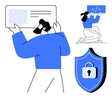 Arayüz dizaynı tutan geliştirici, başka bir yazma kodu. Kilitli kalkan güvenliği simgeler. Web geliştirme, kodlama, veri koruması, takım çalışması, kullanıcı arayüzü, dijital güvenlik için ideal