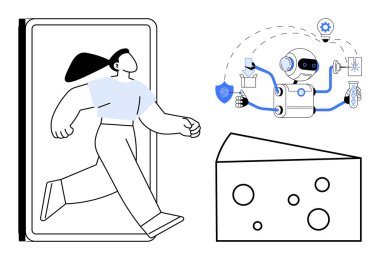 Tabletten çıkan kadın, dijital etkileşim robotu asistanının teknolojili aletlerle çoklu görev yaptığını gösteriyor. Üçgen peynir dilimi eğlenceli bir dönüm noktası ekliyor. Teknoloji, yapay zeka, çoklu görev, yenilik için ideal