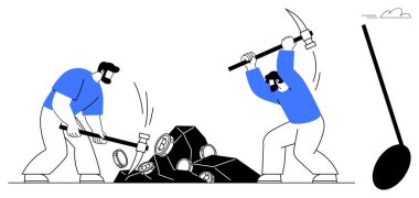 İki işçi çekiç ve kazmalarla taş kırıyor, bu da çaba, sanayi, takım çalışması ve kaynak çıkarmayı sembolize ediyor. El emeği, madencilik, takım çalışması, endüstri kaynakları, sıkı çalışma için ideal