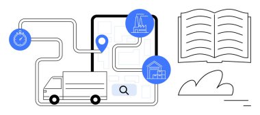 Fabrikası, deposu, kronometresi ve açık kitap ikonlarıyla dijital harita rotası üzerinde hareket eden bir kamyon. Lojistik, tedarik zinciri, dağıtım planlaması, rota optimizasyonu, eğitim e-ticareti için ideal