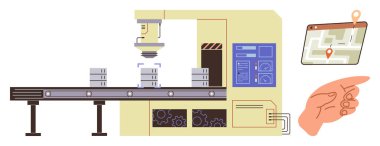 Taşıyıcı banttaki nesneleri düzenleyen otomatik makine, kontrol paneli görüntülendi. El, konum pimlerini gösteren dijital haritayla etkileşime girer. Üretim, lojistik, verimlilik ve yenilik için ideal