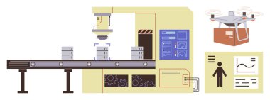 Taşıyıcı banttaki kutuları robot kol istifleme, kontrol paneli izleme operasyonları, insansız hava aracı taşıma paketi ve dijital veri analizleri. Teknoloji, yenilik, tedarik zinciri, otomasyon için ideal