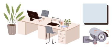 Ofis masası, bilgisayarlar, kırtasiye malzemeleri, saksı, sandalye, beyaz tahta ve kamera. İş yeri, verimlilik, güvenlik izleme teknolojisi organizasyonu ve modern tasarım için ideal