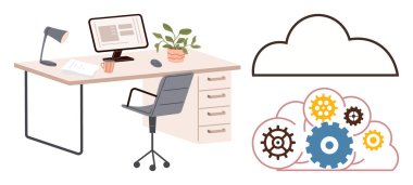 Bilgisayar, lamba, sandalye, kahve ve bulut ve çarkların yanında bulut hesaplamasını gösteren bitkilerle dolu bir masa. Teknolojik yenilik, üretkenlik, uzaktan çalışma, veri depolama bilişim sistemleri takım çalışması için ideal