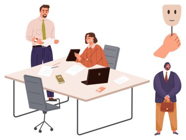 İki meslektaş bir masada dizüstü bilgisayar ve kağıtlarla takım çalışması ve iletişimi gösteren görevleri tartışıyor. Maskeleri ve figürleri birbirinden ayırmak gizli duyguları simgeler. İş ve takım çalışması için ideal.