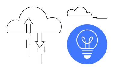 Veri alışverişini temsil eden okları olan bulut, fikirleri sembolize eden soyut ampul. Teknoloji, yenilik, yaratıcılık, bulut hesaplama, veri paylaşımı, iş, basit iniş sayfası için ideal