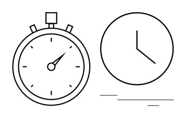 Analog kronometre kesinliği sembolize ederken, minimalist saat genel zaman tutmasını vurgular. Üretkenlik, zamanlama, dakiklik, planlama, organizasyon, iş akışı için ideal, basit düz metafor