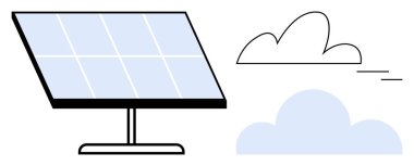 Güneş paneli mavi ve beyaz bulutların altında güç üretiyor. Enerji, sürdürülebilirlik, çevre, teknoloji, yenilik, yeşil yaşam, yenilenebilir güç için idealdir. Basit düz metafor