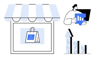 Çevre dostu alışveriş çantasıyla depo önü, büyüme verilerini inceleyen analist ve artan bar tablosu. E-ticaret, sürdürülebilirlik, iş stratejisi, satış, pazarlama ve analitik için ideal