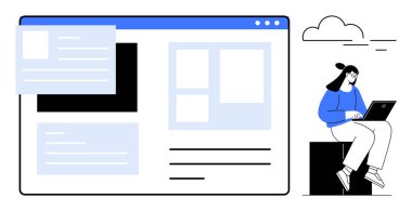Metin ve resim bölümleriyle modern web sayfası arayüzü, daha küçük açılır pencereli kadın dışarıda dizüstü bilgisayarını kullanıyor. Web tasarımı için ideal, geliştirme, uzak çalışma, UX, yaratıcılık, teknoloji