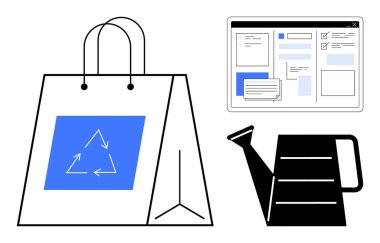 Geri dönüşüm sembollü alışveriş torbası, tarayıcı arayüzü ve sulama sürdürülebilirliği teşvik edebilir. Çevre bilinci, geri dönüşüm, yeşil yaşam, dijital çözümler, çevre bakımı, atık