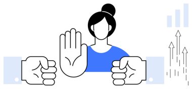 İki zıt yumruk arasında el kaldıran kadın, çatışma çözümlemesini, özgüvenini ya da sınırlarını simgeliyor. Takım çalışması, müzakere, yetki, sınırlar, eşitlik için ideal