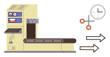 Kontrol paneli olan endüstriyel taşıma bandı, grafikleri izlemek, keskinliği sembolize eden makas, zamanlama için saat ve iş akış yönünü gösteren oklar. Üretim ve fabrika için ideal.