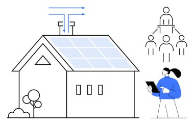 Evin çatısındaki güneş panelleri, hava akışı göstergesi tablet tutan kadın, takım yapısı simgeleri. Sürdürülebilirlik, yenilenebilir enerji, teknoloji, akıllı cihazlar, eko sistemleri ev yeniliği için ideal