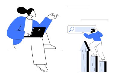 Dizüstü bilgisayarlı bir kadın, büyüme çubuklarına tırmanan bir adam arama çubuğuna uzanıyor. Takım çalışması, dijital araçlar, çevrimiçi öğrenme, iş başarısı, yenilik, hedef belirleme, basit düz metafor