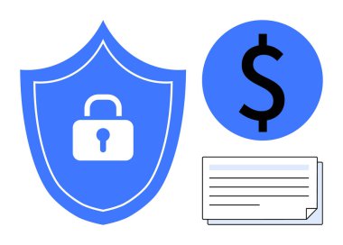 Kilitli mavi kalkan, dolar işareti ve siber güvenliği, finansal güvenliği, ödemeleri, veri korumasını sembolize eden belge. Bankacılık, fintech, mahremiyet e-ticaret sigorta dolandırıcılığı için ideal