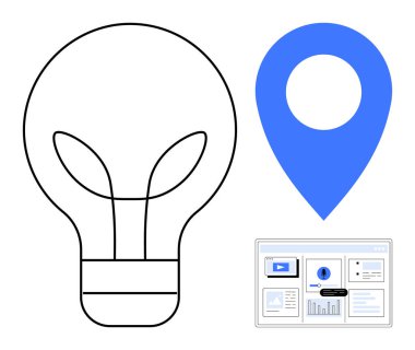 Fikirleri temsil eden ampul, navigasyonu sembolize eden mavi harita iğnesi ve grafik ve grafiklerle dolu dijital bir gösterge paneli. Yenilik, konum, strateji, teknoloji, planlama ve analitik için ideal
