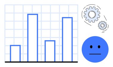 Bir ızgarada çubuk çizelgesi, süreçleri temsil eden dişliler ve tarafsız yüz simgesi. Veri analizi, performans değerlendirmesi, sistem yönetimi, problem çözme, otomasyon, iş stratejisi için ideal