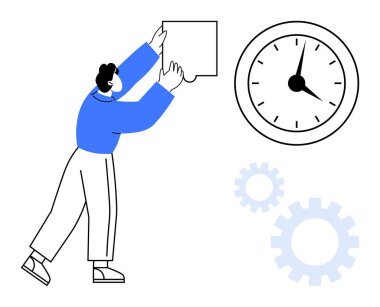 Bir insan, dişlilerle çevrili bir saatin yanına görev balonu yerleştiriyor. Üretkenlik, zaman yönetimi, organizasyon, iş akışı, planlama, verimlilik takım çalışması için ideal. Basit düz metafor