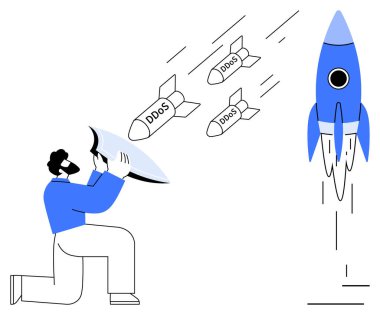 DDoS etiketli tehditleri engellemek ve fırlatma roketini korumak için kalkan kullanan şahıs. Siber güvenlik, çevrimiçi koruma, veri güvenliği, esneklik, internet güvenliği, dijital