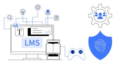 LMS arayüzlü masaüstü, açık kitap, oyun kumandası, parmak izi kalkanı ve kullanıcı simgeleri. Eğitim, e-öğrenim, teknoloji, güvenlik işbirliği kullanıcı yönetimi dijital için ideal