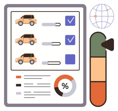 İlerleme çubukları, seçim kutuları, pasta grafiği, kaydırma ölçeği ve küresi olan arabalar. Karar verme, sürdürülebilirlik, veri analizi, ulaşım enerjisi verimliliği çevre dostu tasarım için ideal