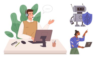 Bir kadın robotla bir kavramı tartışırken, kulaklıklı bir adam iletişim kuruyor. Takım çalışması, yapay zeka entegrasyonu, müşteri desteği, uzaktan işbirliği, teknoloji, yenilik, basit