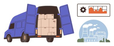 Kutularla dolu teslimat minibüsü, bacalı sanayi tesisi duman çıkaran, ve dişli ve istatistikli performans tablosu. Lojistik, tedarik zinciri, imalat ve sanayi için ideal