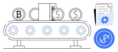 Şifreli para ve dolar para sembollü taşıma bandı, dişliler, mali belgeler ve klasörler. Finans, teknoloji, otomasyon, ekonomi, engelleme zinciri, işleme ve yenilik kavramları için ideal