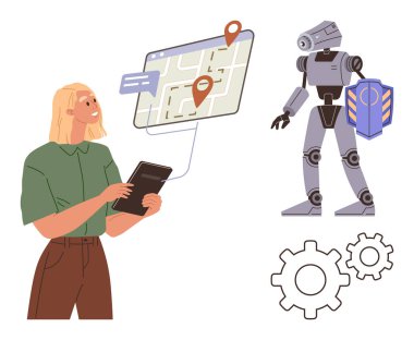 Robotun yanında elinde kalkan ve vitesli bir tablet tutan kadın, haritada rotayı gösteriyor. Yapay zeka, otomasyon, robotik, navigasyon, takım çalışması, teknoloji yeniliği için ideal. Basit düz metafor