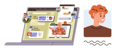 Dizüstü bilgisayar ekranında avatarlar, çizelgeler, kişisel profiller ve sohbetlerle sanal toplantı görüntüleniyor. Uzak çalışma, takım işbirliği, iletişim, teknoloji, ağ ağları için ideal