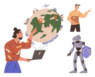 Lojistik simgeli dizüstü bilgisayar kullanan bir kadın teslimatçı, parselli bir robot. Teknoloji, yenilik, lojistik, otomasyon, e-ticaret, küresel bağlantılar için ideal takım çalışması