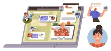 Bir dizüstü bilgisayardaki ortak video çağrıları, veri paylaşım arayüzleri, analitik ve geri bildirim simgeleri. Takım çalışması, sanal toplantılar, uzaktan çalışma, değerlendirme, sosyal medya ağı için ideal