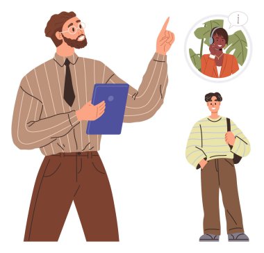 Rehberlik için tablet kullanan, sanal etkileşim bağlamında işaret eden ve açıklayan adam. Genç yetişkin, akıl hocasına özen gösteriyor. Danışmanlık, eğitim, takım çalışması, iletişim ve çevrimiçi öğrenim için ideal