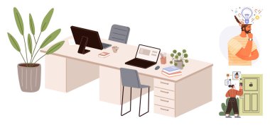 Masalar, dizüstü bilgisayarlar, bitkiler ve beyin fırtınası yapan işçilerle modern ofis kurulumu. Çalışan giriş kodu giriliyor. Yenilik, işbirliği, üretkenlik, takım yönetimi teknolojisi erişimi için ideal