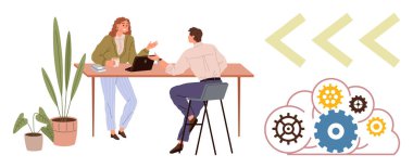 İki meslektaş bir masada, bitkiler, dizüstü bilgisayarlar ve birbirine bağlı viteslerle strateji tartışıyorlar. Takım çalışması, üretkenlik, beyin fırtınası, bulut hesaplaması, yenilik, teknoloji için ideal