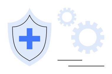 Mavi haç sembollü kalkan hareket halindeki üç dişlinin yanında. Temalar için ideal tema, sağlık, güvenlik, işbirliği, sistem yönetimi, takım çalışması, bütünleşme ve veri korumasını destekliyor. Basit.