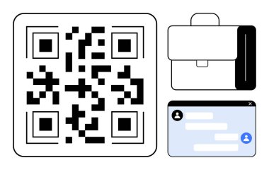QR kodu, evrak çantası ve sohbet penceresi teknoloji, ağ ve iletişim entegrasyonunu temsil ediyor. İş için ideal, üretkenlik, takım çalışması, dijital kimlik yenilik bağlantısı basit