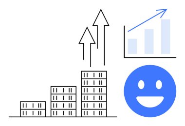 Çizelge, yukarı doğru oklar ve mavi mutlu yüz, büyüme, başarı ve olumlu geri bildirimi temsil ediyor. İş geliştirme, performans, analitik, yenilik motivasyon için ideal başarı ve basit