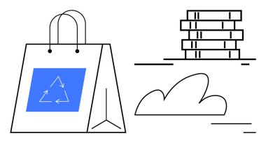 Geri dönüşüm sembolü içeren yeniden kullanılabilir çanta, sürdürülebilirliği temsil eden kutular ve ekolojik bilinçli yeniliği tasvir eden bulut. Çevre, sürdürülebilirlik, ambalaj, alışveriş, iklim için ideal