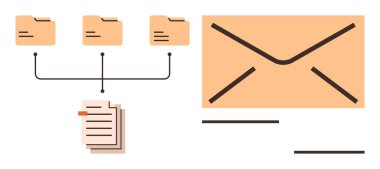 Bağlı dosya dizinleri ve büyük bir zarf veri örgütü, e-posta iletişimi ve dosya transferini temsil ediyor. Yönetim, iletişim, işbirliği, arşivleme, paylaşım, depolama için ideal