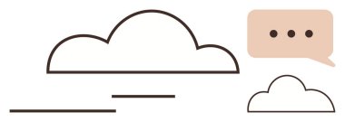 Minimalist çizgilerle şekillendirilmiş bulut ve sohbet balonu. Veri paylaşımı, takım çalışması, teknoloji, iletişim, yaratıcılık, uzaktan çalışma ve basitlik için idealdir. Temiz ve düz bir metafor.