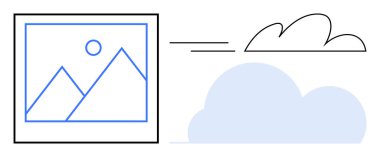 Dağlı bir görüntü, çerçeveli bir cihazın içindeki güneş, bir buluta bağlı. Veri depolama, bulut hesaplama, dijital erişim, yedekleme, teknoloji, uzak depolama basit düz metafor