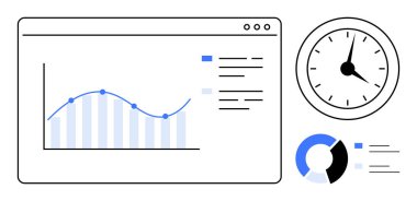 Analitik gösterge paneli çizgi çizelgesi, bar çizelgesi, pasta tablosu ve saati gösteriyor. Veri görselleştirme, zaman planlama, iş raporları, performans değerlendirmesi, üretkenlik analizleri için ideal basit düz