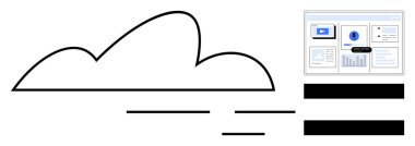 Analiz, çizelge ve medyayı gösteren dijital kontrol paneli arayüzü olan bulut şekli. Teknoloji, veri, ağ, iş, analitik yenilik ve verimlilik için ideal. Modern basit daire