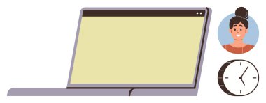 Gülümseyen bir avatar ve saatin yanına dizüstü bilgisayar aç. Uzaktan çalışma, zaman izleme, teknoloji, verimlilik, iletişim, program yönetimi ve dijital işbirliği için ideal. Basit bir daire.