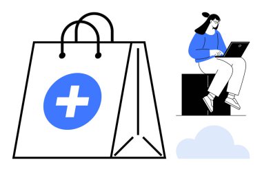 Yanında dizüstü bilgisayarı olan bir kadının yanında tıbbi haç sembolü olan büyük bir alışveriş çantası. E-ticaret, çevrimiçi sağlık, dijital hizmetler, alışveriş, yaşam tarzı, ulaşılabilirlik, basit düz metafor